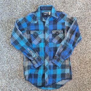 Wrangler Western Plaid Blue Black Flannel With Snap Buttons 15 1/2-34 Medium